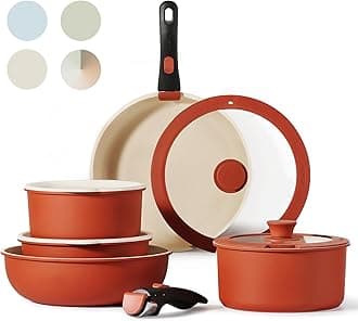 CAROTE 11pcs Pots and Pans Set, Nonstick RV Cookware Set Detachable Handle, Induction Kitchen Sets Non Stick with Removable Handle, Oven Safe, Red