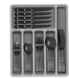 49-Piece Black Silverware Set with Organizer, Stainless Steel Tree Pattern Black Flatware for 8, Cutlery Utensil Sets with Steak Knives, Rust-proof, Mirror Polished, Dishwasher Safe
