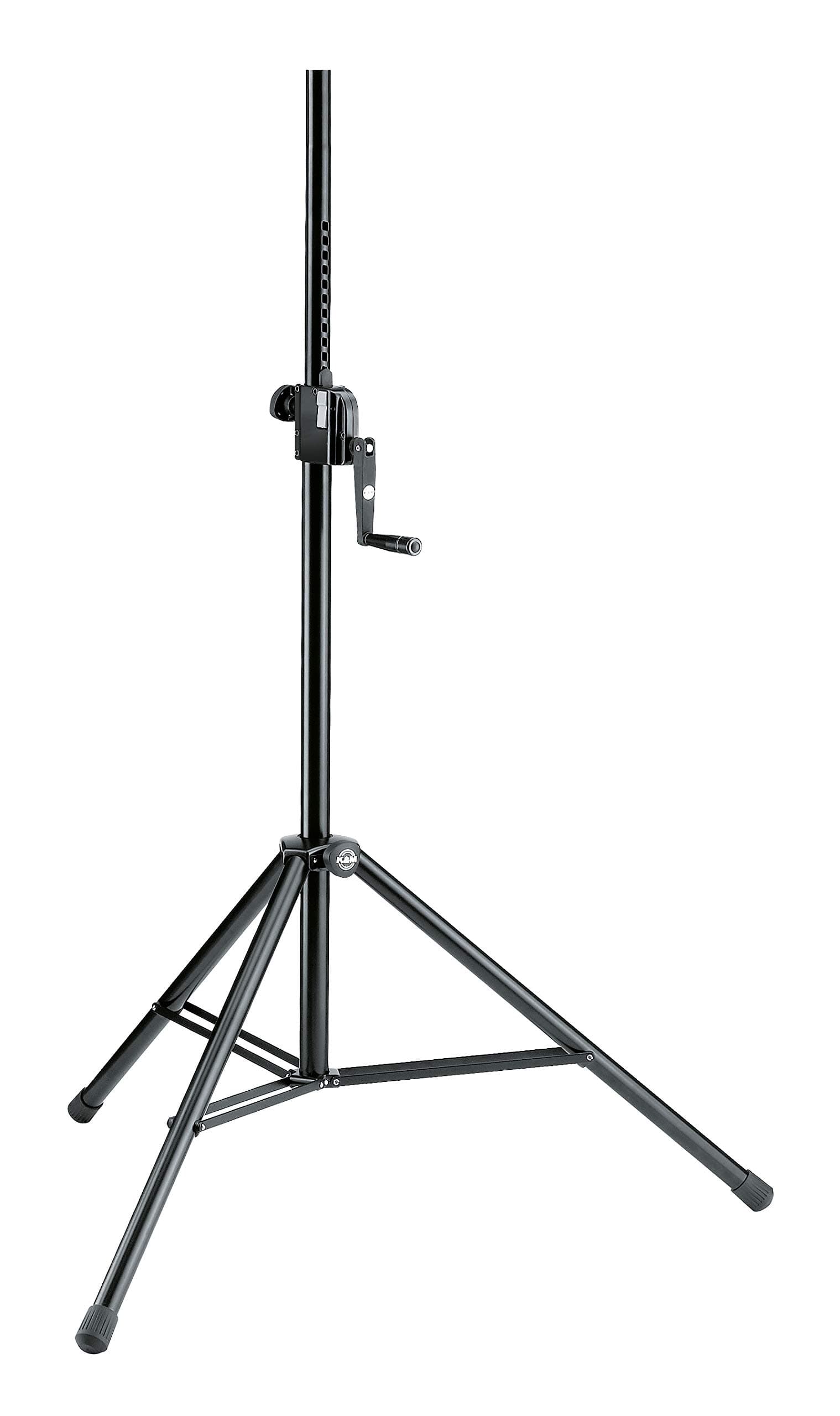 - König & Meyer 21300.009.55 Speaker Tripod Stand | Locking Hand Crank Height Adjustment | Double Cross Leg Brace | Folds Compact | Threaded Speaker Connection | Max Load 77 lbs | German Made Black