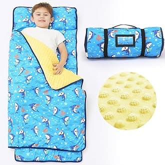 ACRABROS Toddler Nap Mat with Pillow and Blanket, Extra Large Rolled Napping Mats,Slumber Bags for Boys Girls,Kids Sleeping Bag for Daycare, Preschool Travel Camping,Shark