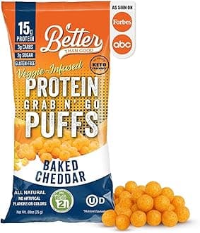 Better Than Good Savory Keto, Gluten-Free Baked Cheddar Protein Puffs (4-Pack) - Paleo, Low Sugar, Low Calorie, Diabetic Friendly Snacks | 15g Protein & 2 Servings of Fruits & Veggies