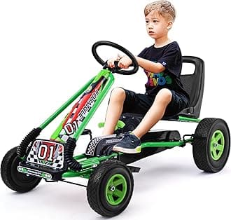 DORTALA Go Kart for Kids, 4 Wheel Off-Road Pedal Powered Go Cart with 2-Position Adjustable Bucket Seat, Safety Brakes, EVA Rubber Tires, Outdoor Ride On Racer Pedal Car for Boys & Girls (Green)