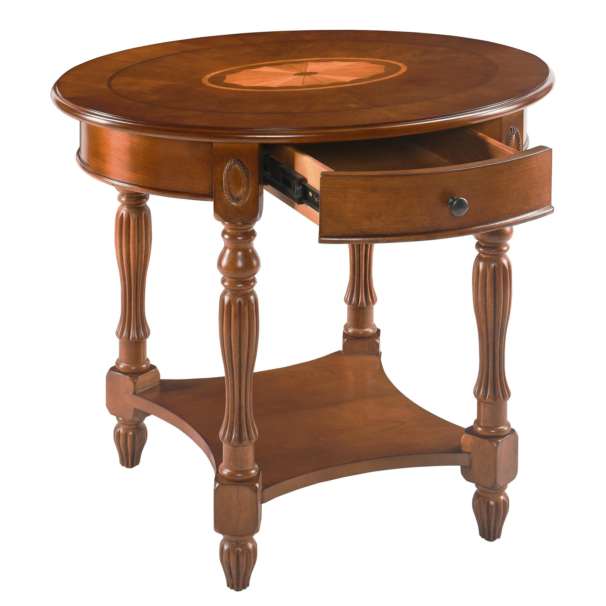 Solid Wood End Table with Drawer and Storage Shelf, Oval Sofa Side Table with Carved Legs, Living Room Corner Table, Large Beside Table, Elegant Vintage, No-Tools Assembly, Caramel Brown CJZ1533MG