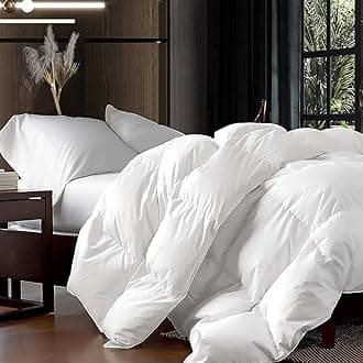 Luxurious Oversized Queen 98" x 98" Size Goose Down Fiber Waterfowl Feather Fiber Comforter Duvet, 100% Egyptian Cotton Cover, 56 oz. Fill Weight, Baffle Box Design, White Solid
