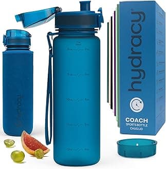 Hydracy Water Bottle with Time Marker - 500 ml 17 Oz BPA Free Water Bottle - Leak Proof & No Sweat Gym Bottle with Fruit Infuser Strainer for Fitness or Sport & Outdoors - Midnight Blue