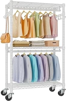 VIPEK V12 Mini Heavy Duty Clothes Rack Rolling Clothing Rack Adjustable Metal Wire Shelving Portable Closets with Double Hanging Rods, Side Hooks, Freestanding Closet Racks Wardrobe, White