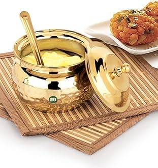 MARU Premium 300ml Hammered Design Brass Ghee Pot with Lid & Spoon –Perfect for Ghee, Oils, and Kitchen Storage – Durable Ghee Container For Kitchen, Design for Stylish and Ritual Use