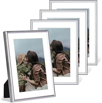 4x6 Picture Frame Set of 4, Matted Silver Simple Modern Brushed Thin Aluminum Metal Photo Frame Fits 3x5 with Mat or 4 x 6 without Mat Vertical and Horizontal for Tabletop and Wall Mounting