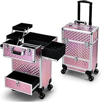 Rolling Makeup Case with Drawer Cosmetology Case on Wheels Makeup Trolley Sliding Drawer Makeup Travel Case for Esthetician, Mobile Stylist, Manicurist Barber Case Traveling Cart Trunk Glitter Pink