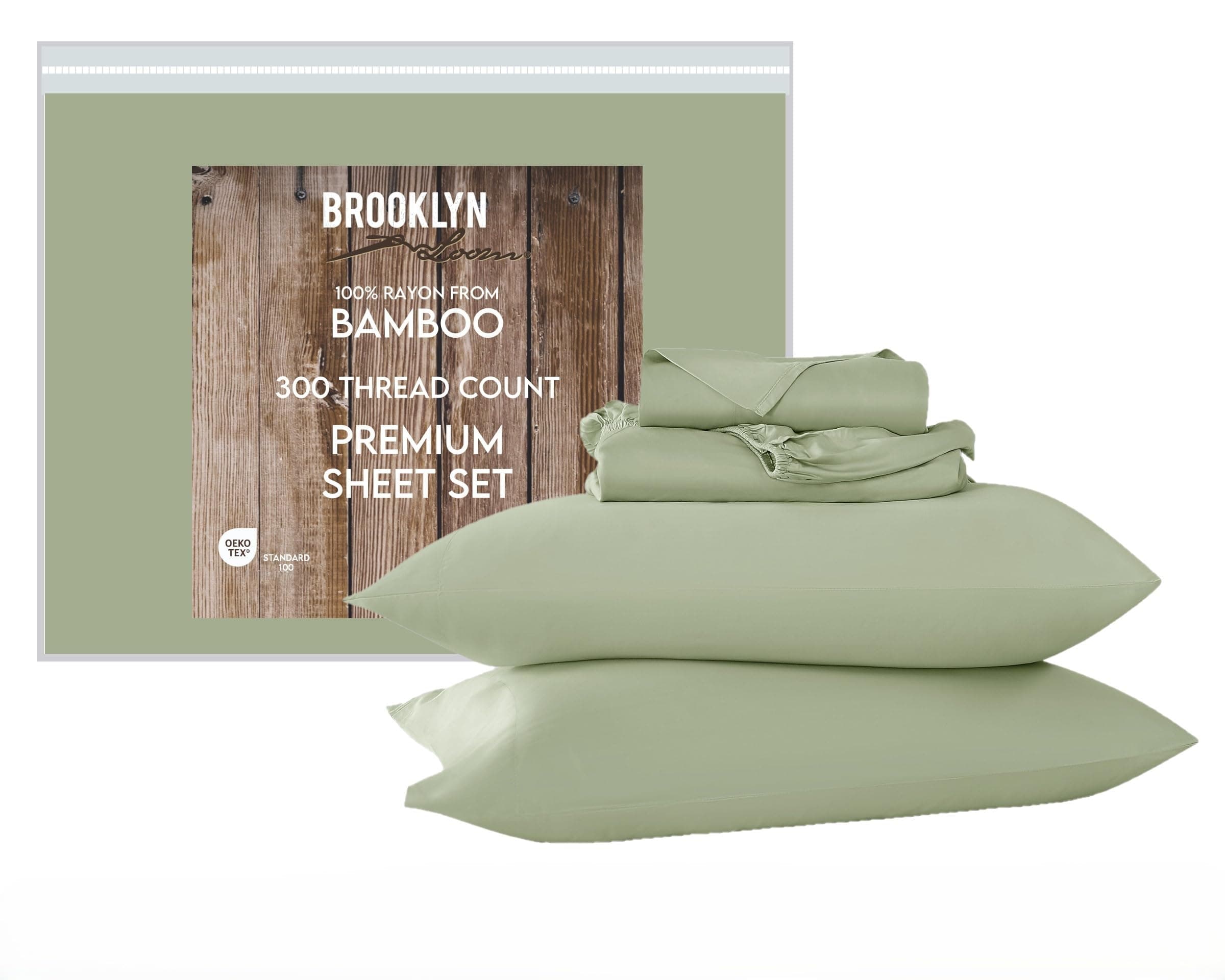 Brooklyn Loom 300 Thread Count Sateen 100% Rayon from Bamboo Deep Pocket 4 Piece King Sheet Set in Green, All Season, Adult Size, Oeko-TEX Certified