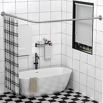 Stretchable 304 Stainless L Shaped Bathroom Bathtub Corner Shower Curtain Rod Rack (24"-69" x 24"-85", Maximum size 113''), Drill Free Install, for Bathroom, Clothing Store, Private Space