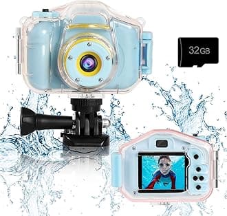 Agoigo Kids Waterproof Camera - Children Underwater HD Video Digital Camcorder, Portable Travel Toy for Toddler - Ideal Christmas Birthday Gifts for Boys Girls Age 3-12 with 32GB Card (Blue)