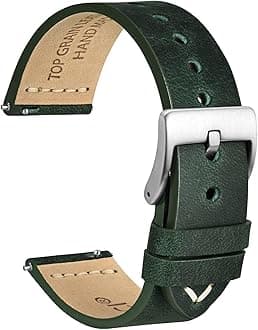 WOCCI 20mm Old-fashioned Watch Band for Men, Top Grain Leather, Silver Brushed Buckle (Army Green)