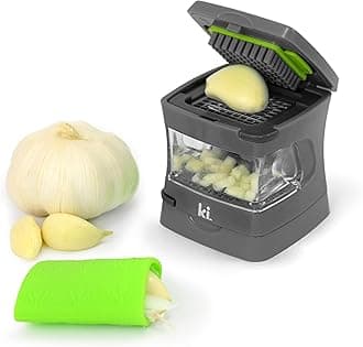 - Garlic-A-Peel Garlic Press, Crusher, Cutter, Mincer, and Storage Container - Includes Silicone Garlic Peeler - Easy to Clean - Stainless Steel Blades – (Grey), standard