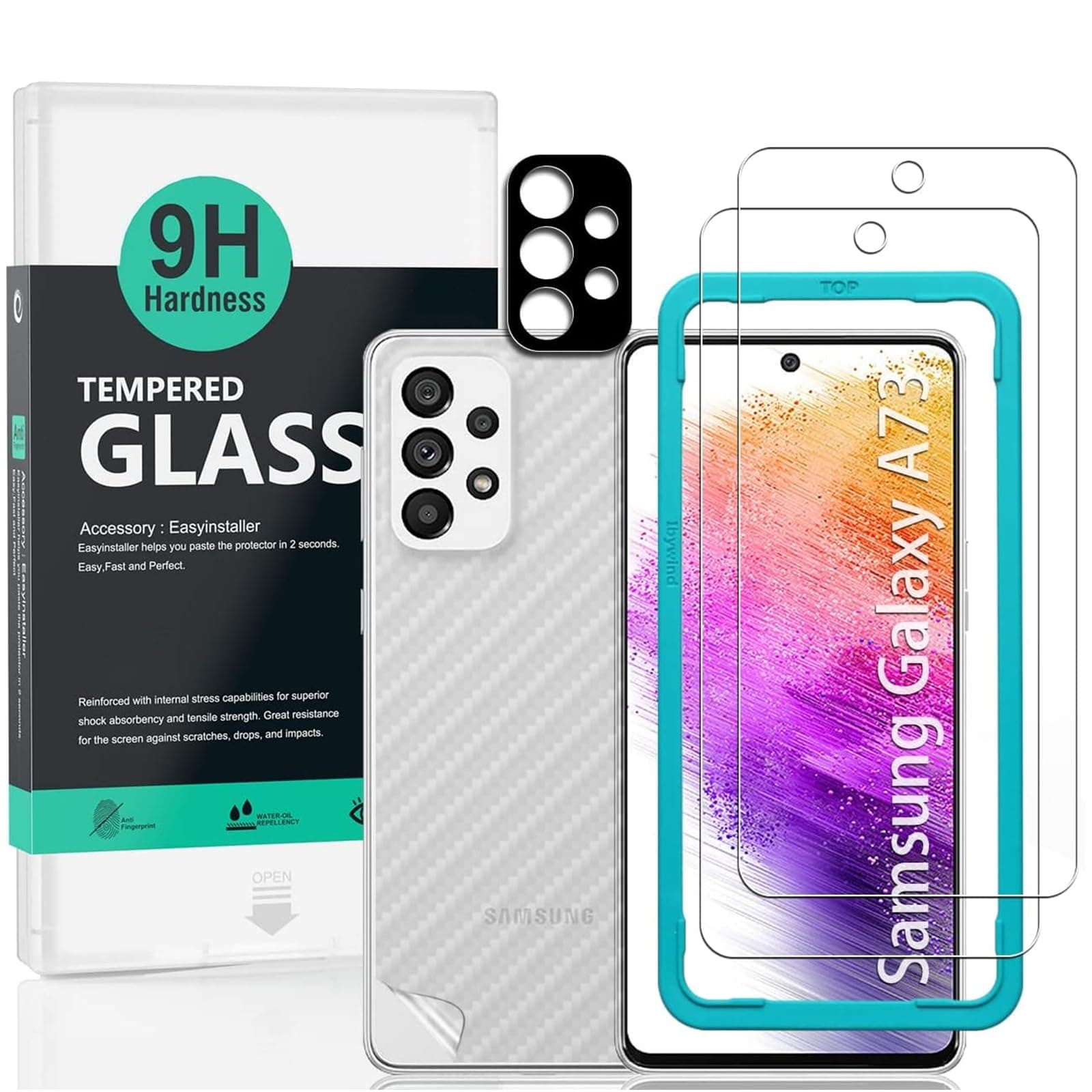 Screen Protector For Samsung Galaxy A73 5G(6.7 Inches),with 2Pcs Tempered Glass,1Pc Camera Lens Protector,1Pc Backing Carbon Fiber Film[Fingerprint Reader,Easy to install]