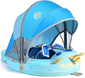 Mambobaby Float Add Tail No Flip Over Non-Inflatable Baby Swim Float Pearl Foam Solid Water Floats Smart Swim Trainer Infant Pool Float Swim Ring with Sun Canopy