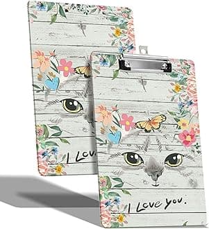 A4 Size Clipboard with Hanging Hook and Low Profile Clip, Plastic Nurse Clipboard Writing Drawing Board with Double-Sided Cat Flowers Print for Woman Kids Office School Use