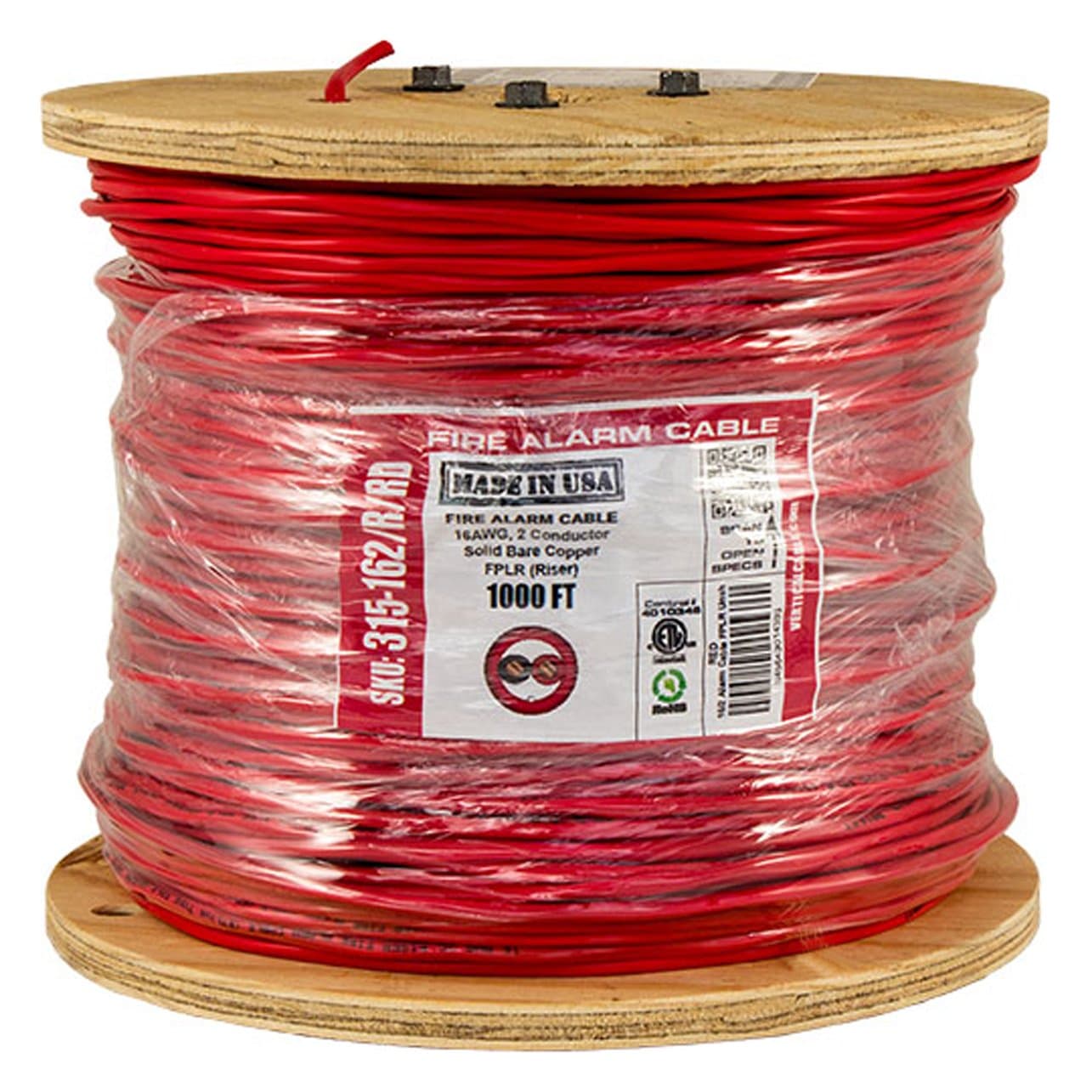 Vertical Cable Fire Alarm Cable, 16 AWG, 2 Conductor, Solid, Unshielded, FPLR (Riser), 1000ft Spool, Red - Made in USA