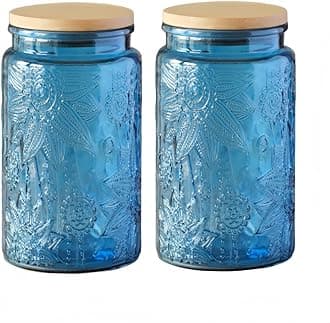 ANSQU Blue Glass Jars, 34oz Vintage Glass Kitchen Storage Counter Jar, Candy Jars with Lids, Decorative Mason Jars Hold Coffee Beans, Tea, Cookie, Sugar, Bath Salts (Blue, 2 Pack)