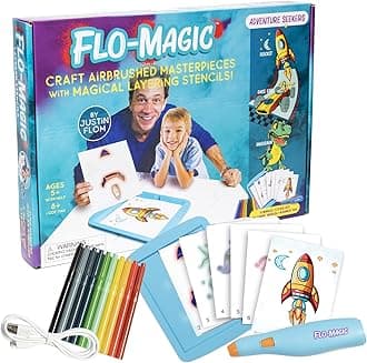 Flo-Magic Adventure Airbrush Marker Stencil Art Kit- Rocket, Race Car, Dinosaur- Washable Non-Toxic, Rechargeable- Craft kit for Kids Age 5 6 7 8 9 10