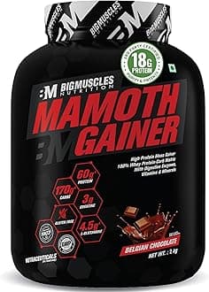 Bigmuscles Nutrition Mamoth Gainer [Belgian Chocolate, 2Kg] | High Protein Muscle Mass & Weight Gainer | With Vitamins & Minerals, Creatine & Digestive Enzymes - Powder