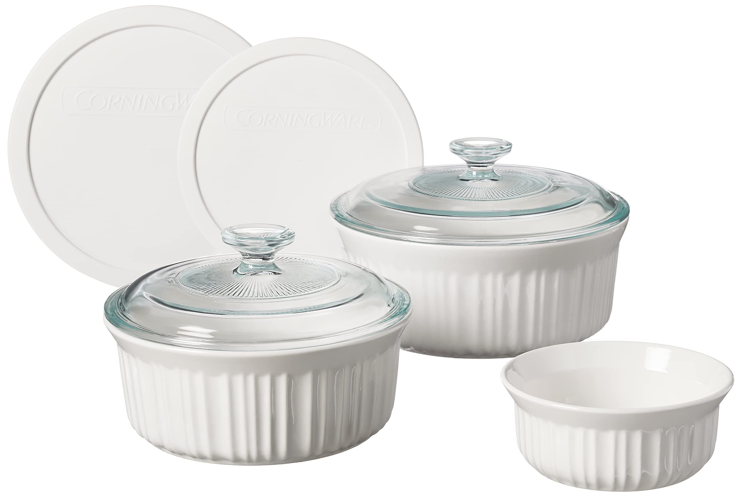 CorningWare French White 7-Pc Ceramic Bakeware Set with Lids Chip and Crack Resistant Stoneware Baking Dish, Microwave, Dishwasher, Oven, Freezer and Fridge Safe