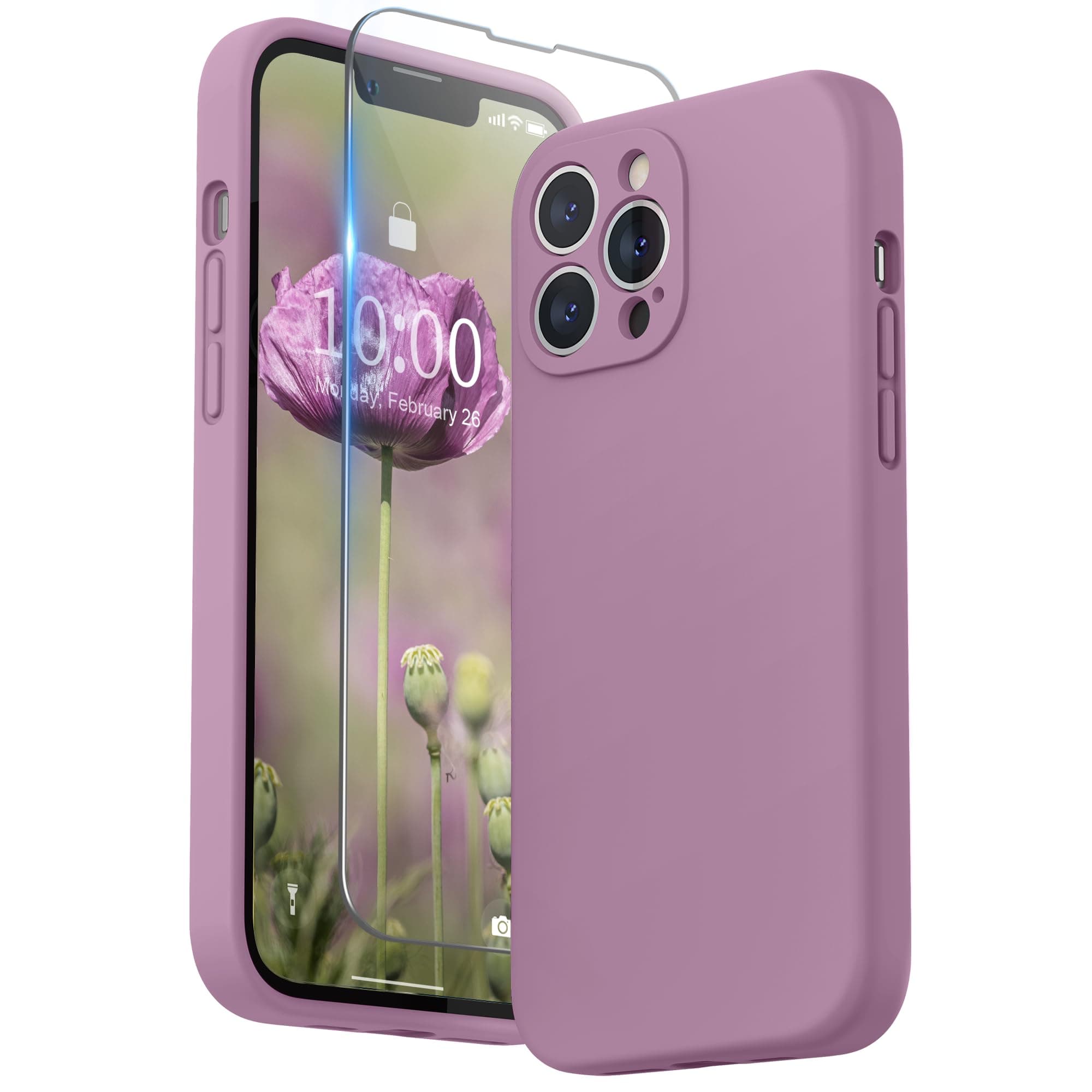 SURPHY Compatible with iPhone 13 Pro Max Case with Screen Protector, (Camera Protection + Soft Microfiber Lining) Liquid Silicone Phone Case 6.7 inch 2021, Lilac Purple