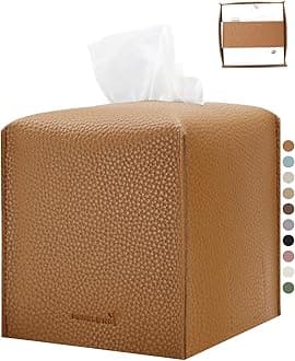 Tissue Box Cover 5X5X5'' PU Leather Tissue Holder Square Tissue Cube Box Organizer for Bathroom Vanity Countertop, Car, Night Stands, Office, Home, Kitchen (1Pack, Brown)