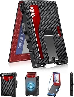 Wallet for Men, Minimalist Slim Mens Wallet with Money Clip, RFID Blocking Smart Pop Up Card Wallet with ID Window, Compact Bifold Wallet,Metal Aluminum Credit Card Holder, Carbon+Red, 0.62 x