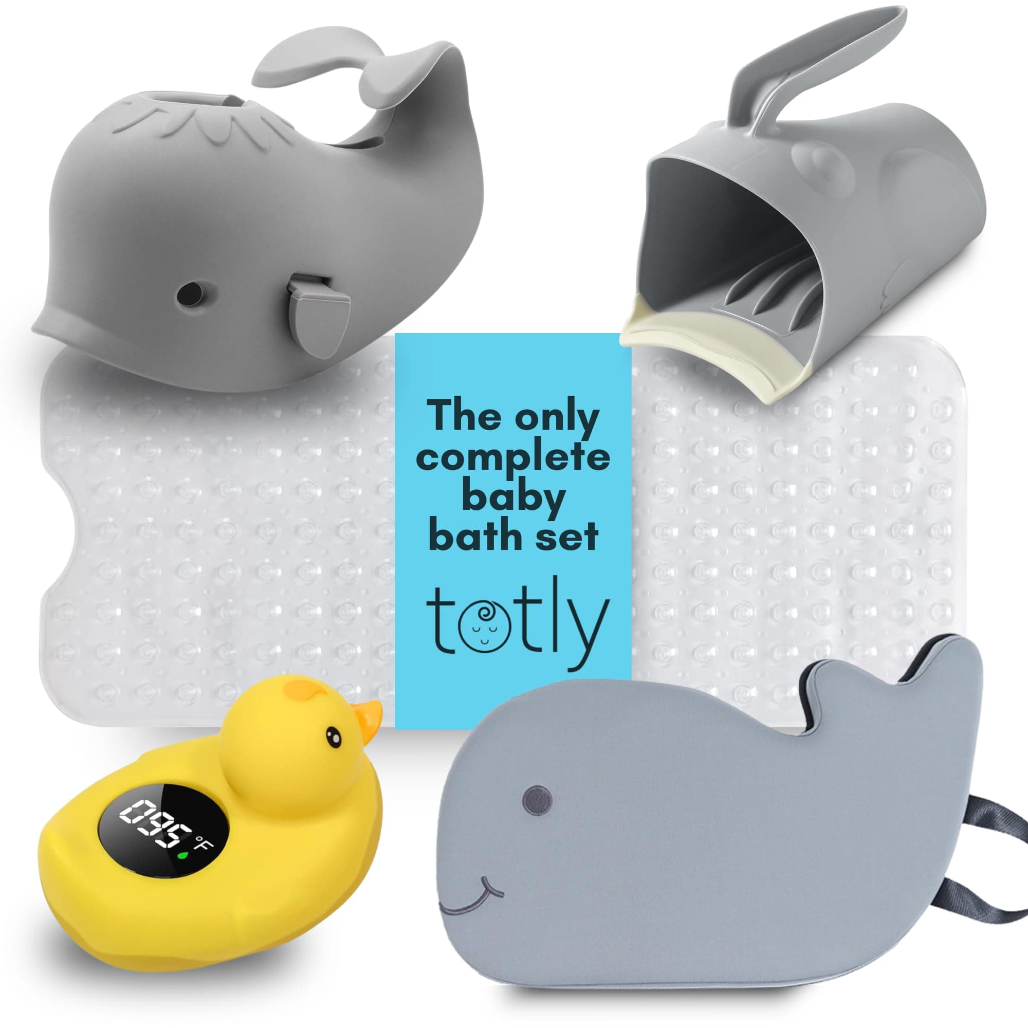 5pcs Baby Bath Essentials Set - Complete Bathtime Kit with Rinse Cup, Spout Cover, Kneeler, Thermometer & Non-Slip Mat for Newborn