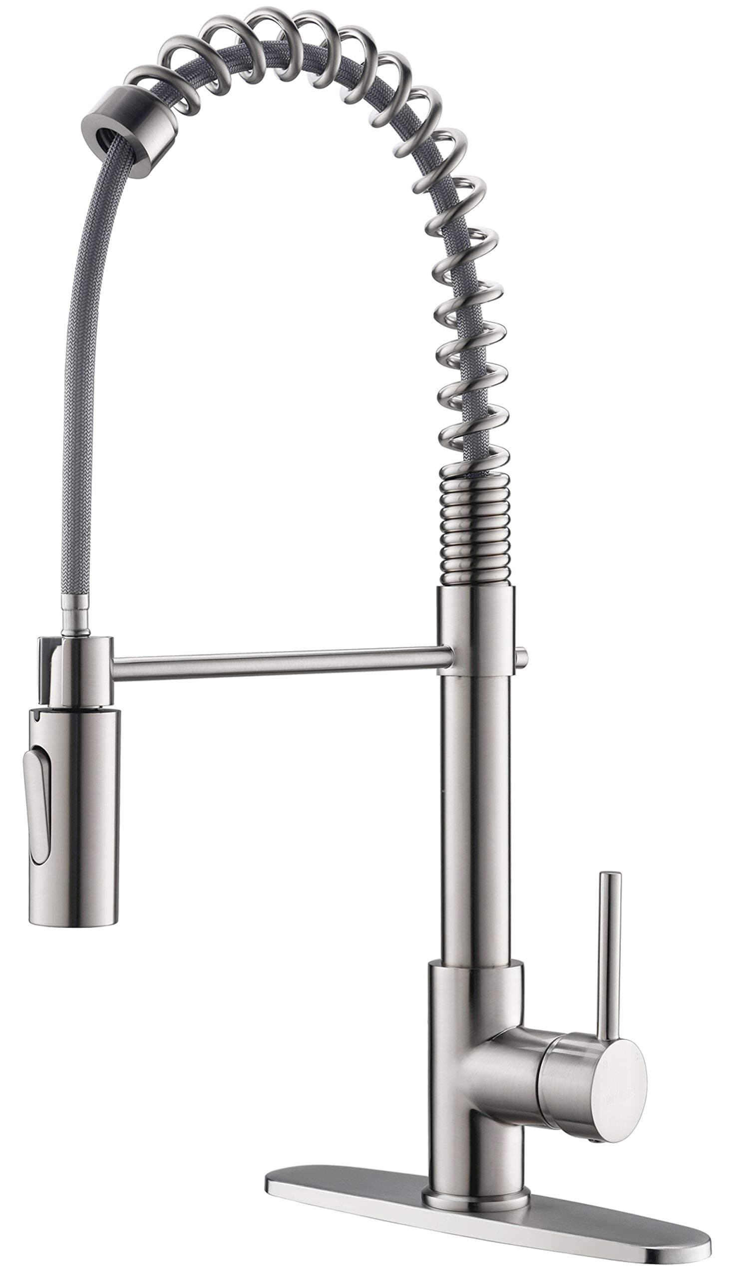 Moone Commercial Modern Single Handle Spring High Arc Brushed Nickel Kitchen Faucet, Pull Out Sprayer Kitchen Faucets Pull Down Spray Brass and Stainless Steel Kitchen Sink Faucet with Deck Plate