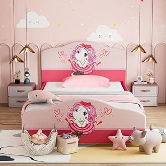 HONEY JOYTwin Bed Frames for Kids, Toddler Wooden Twin Bed Platform w/Headboard & Slat Base, No Box Spring Needed, Children Bedroom Furniture for Boys Girls, Fits Standard Twin Mattress, Girl