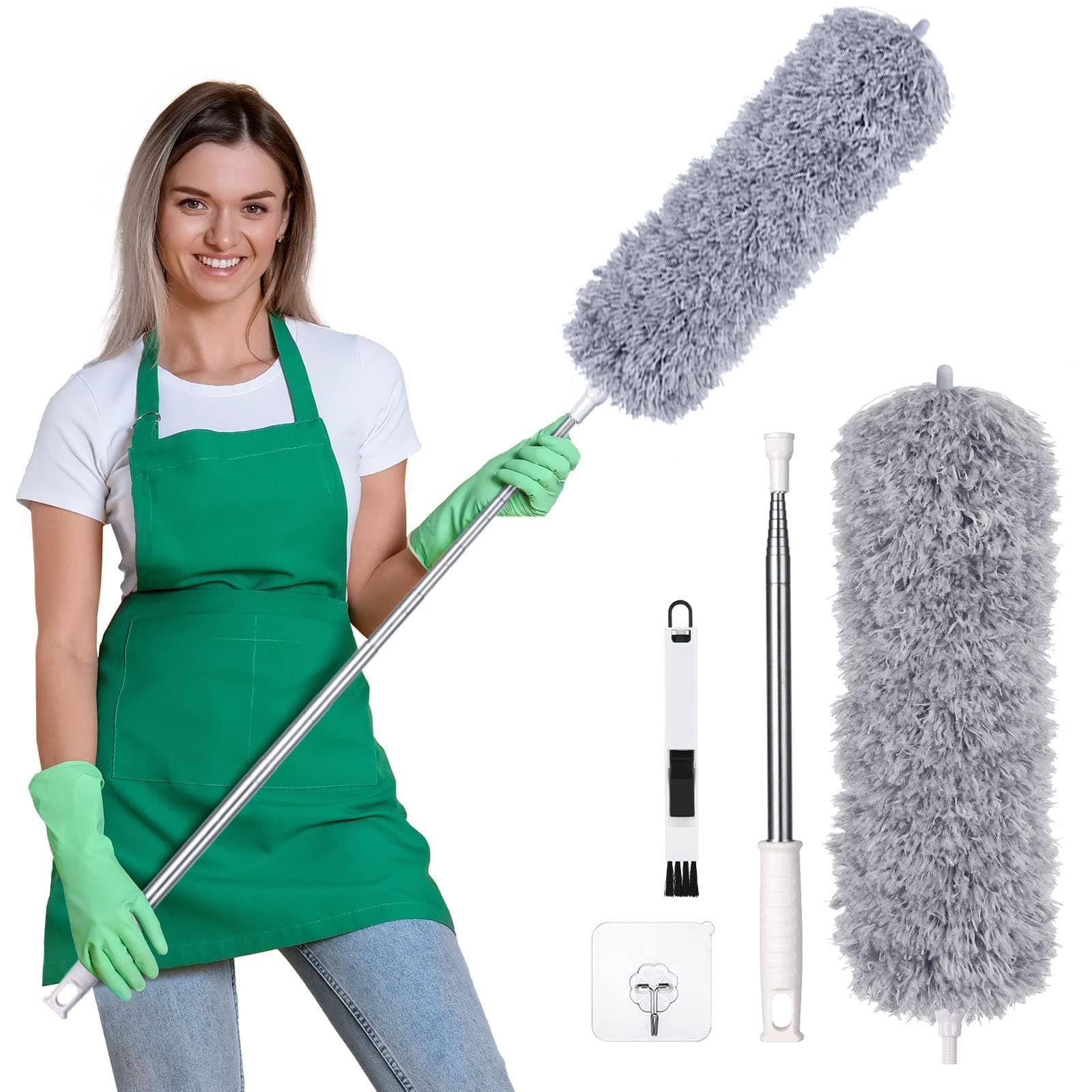 Cleaning Duster, Microfiber Duster with 2 in 1 Slots Cleaning Brush, Extendable Adjustable Washable with 245 cm Telescopic Rod for Windows Blinds Furniture Cars