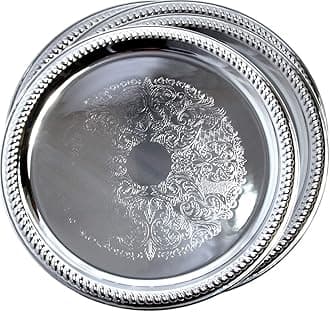 (Pack of 4) 14-Inch Traditional Round Floral Pattern Engraved Catering Chrome Plated Serving Tray Mirror Plate Silver Metal Platter Tableware Wedding Birthday (Extra Large) T139-14-4pk