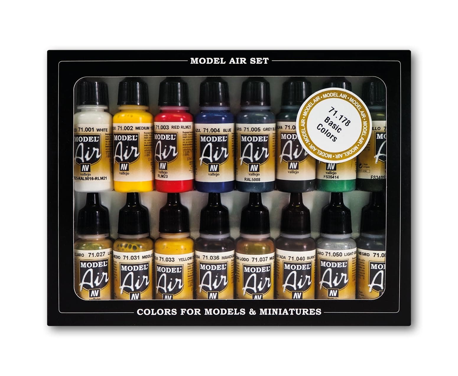 Vallejo Model Color Set, 16 Basic Acrylic Paints for Airbrush, Matte Finish, 18 ml Bottles with Dropper, Ideal for WWII Aircraft Models