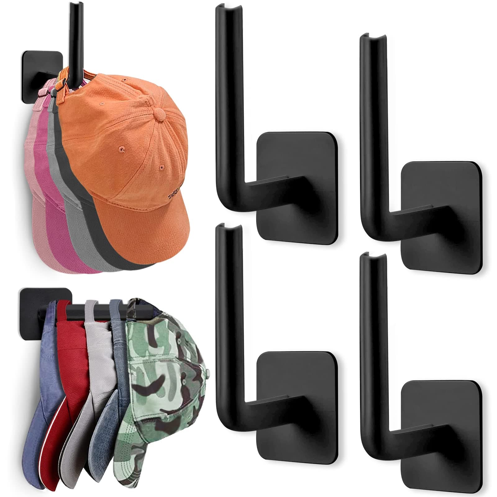 Hat Rack for Wall Organizer (4-Pack), Racks Baseball Caps, Adhesive Hooks Wall, No Drilling Hangers Closet Cowboy Holder Display, Sticky Storage Black