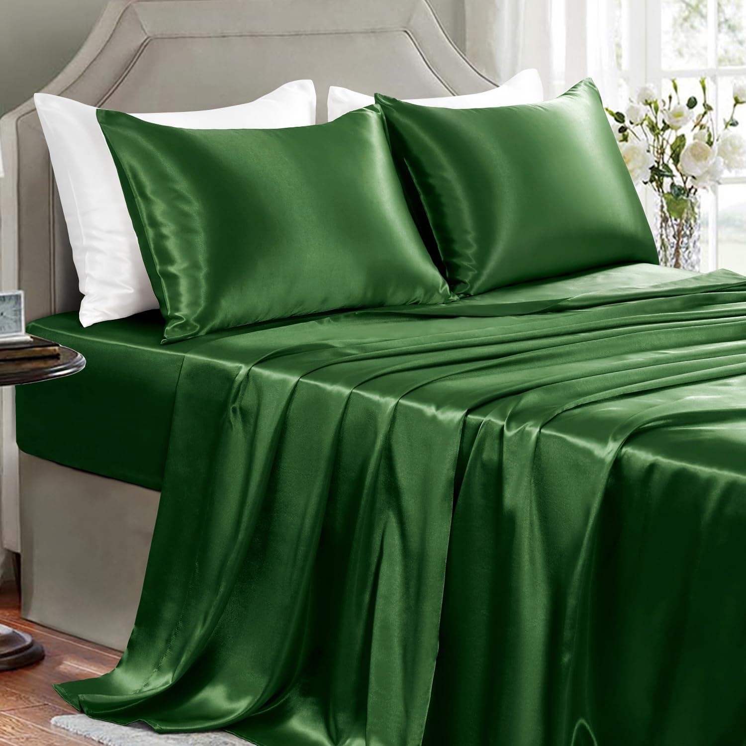Satin Sheets Full Size - 4 Pieces Luxury Silky Soft Bed Sheets, Wrinkle-Free Dark Green Satin Silk Sheet Set with 1 Deep Pocket Fitted Sheet, 1 Flat Sheet, 2 Pillow Cases