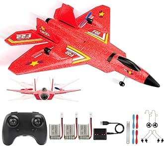 ANTSIR Remote Control Plane F-22 Raptor, 2.4GHz Durable Foam Rc Airplane with Smart Gyro/LED Lights/3 Rechargeable Batteries, RC Jet Glider Toy Gift for Kids Boys Girls 8-16 Year Old (Red)