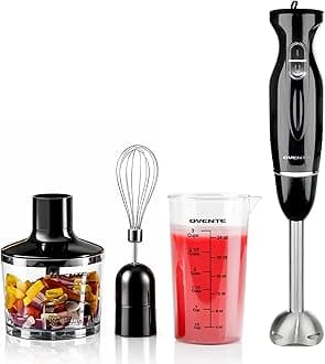 OVENTE Immersion Hand Blender Set, 300W Corded Electric Handheld Stick Mixer, 2 Mixing Speeds with Stainless Steel Blades, Egg Whisk, Beaker & BPA-Free Food Chopper, Black HS565B