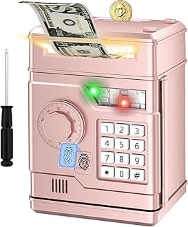 Piggy Bank, Automatic Electronic Piggy Bank for Kids Boys Girls with Password and Fingerprint Unlocking Simulation, Money Bank Kids Safe Toys for 3 4 5 6 7 8 9 10 Year Old Boy Girl(Rose Gold)