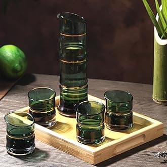 Japanese Sake Set for 4, Bamboo Design in Golden Trim, 1 Sake Bottle, 1 Wooden Sake Tray, and 4 Sake Cups, Cold/Warm/Hot Sake Carafe, Special Japanese Gifts Set - 6 pcs (Gradient Green)