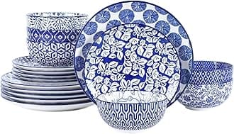 Selamica Ceramic Dinnerware Sets for 6, 18 Pieces Plates and Bowls Set, Scratch Resistant Dishes Set, Dishwasher&Microwave Safe, Vintage Blue