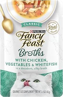 Purina Fancy Feast Broths Classic With Chicken, Vegetables and Whitefish Lickable Wet Cat Food Broth Topper, (Pack of 16) 1.4 oz. Pouches
