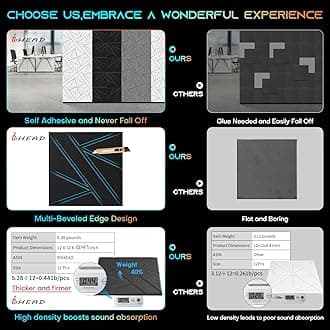 16 Pack Self-Adhesive Soundproof Wall Panels, 12 x 12 x 0.47 In Sound Proof Foam Panels for Walls, 1.2lb/ft³ High Density, Thicker 0.47in, Acoustic Panels, Noise Dampening Panels for Studio Black