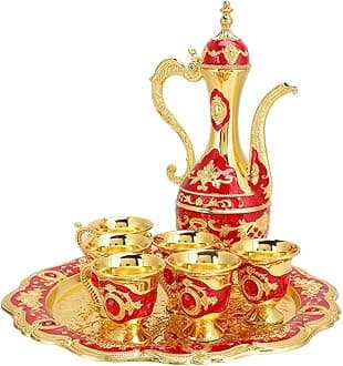 Vintage Turkish Coffee Pot with 6 Coffee Cups, Metal Turkish Tea Set Coffee Pot Set Wine Glass Jug Set for Home Bar, Tea Party, Craft Ornaments (Red)