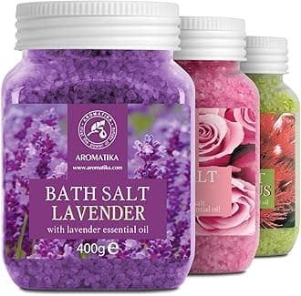 AROMATIKA Bath Salts Variety Set – 3 x 400 g Aromatherapy Bath Soak with Lavender, Rose & Eucalyptus for Good Sleep, Stress Relief & Relaxation, Body Care, Beauty, Wellness & Home Spa, Gift Idea
