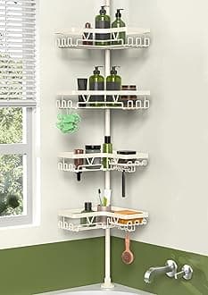 Shower Corner Caddy Tension Pole, Rustproof Corner Bathroom Organizer, No Drilling Bathtub Shelf for Inside Shower, Waterproof Bathroom Tub Organizer, Fits 25-114.2 Inch Height, Cream White