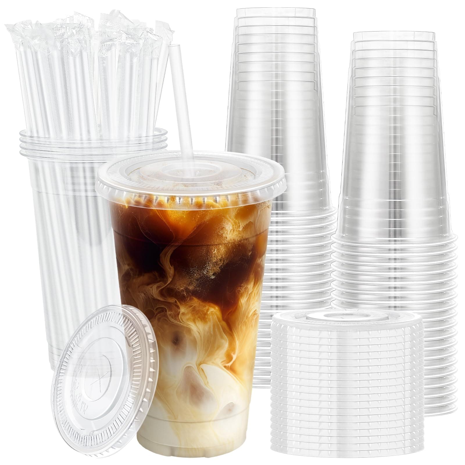Lamosi 100 Pack 20 oz Clear Plastic Cups with Lids and Straws, Disposable Iced Coffee Cups with Lids for To-Go Cold Drinks, Smoothies and Slushie