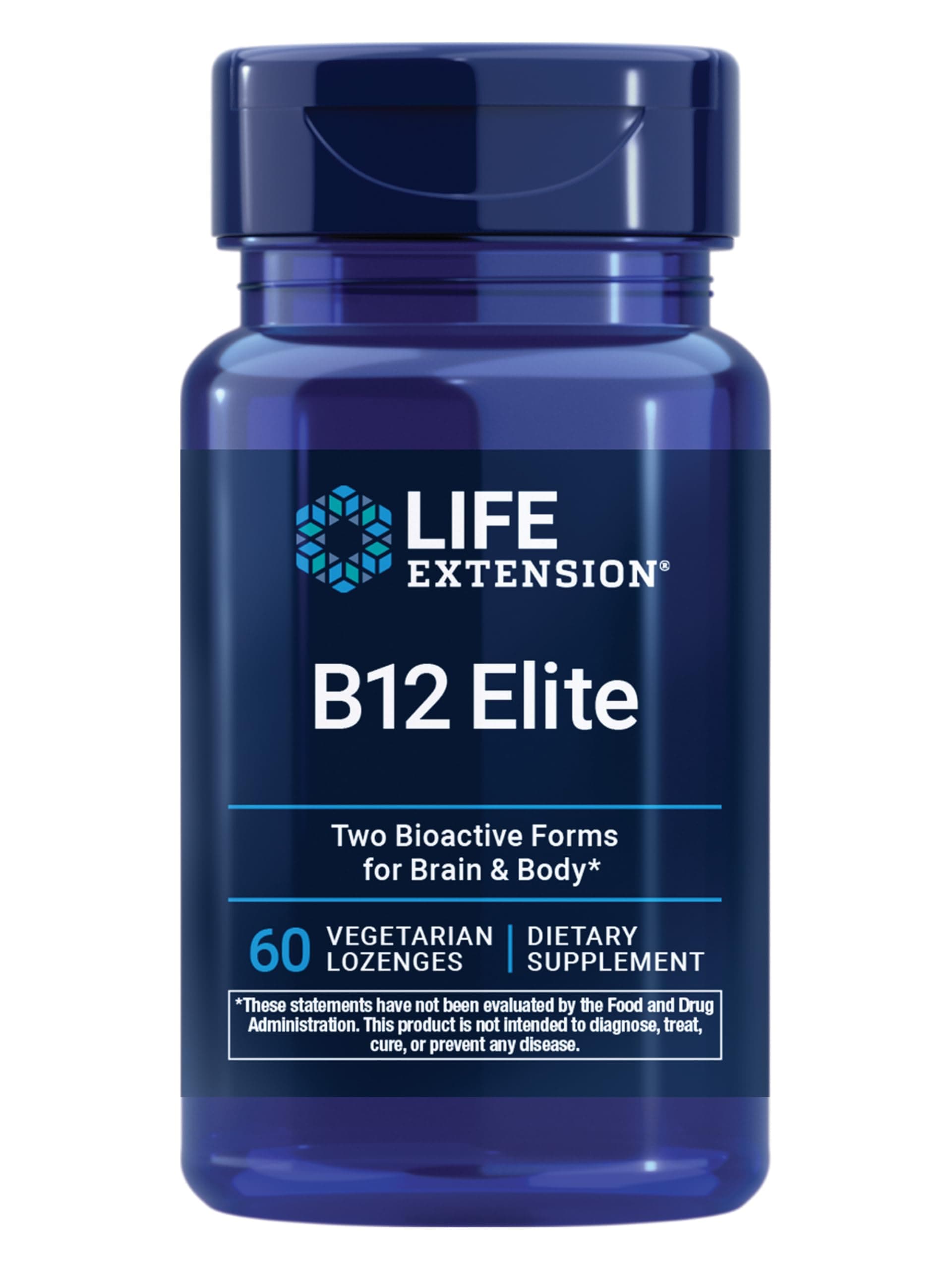 Life Extension B12 Elite, adenosylcobalamin, methylcobalamin, Two Active Forms for Brain Health & Dopamine Production, Non-GMO, Gluten-Free, Vegetarian, 60 lozenges
