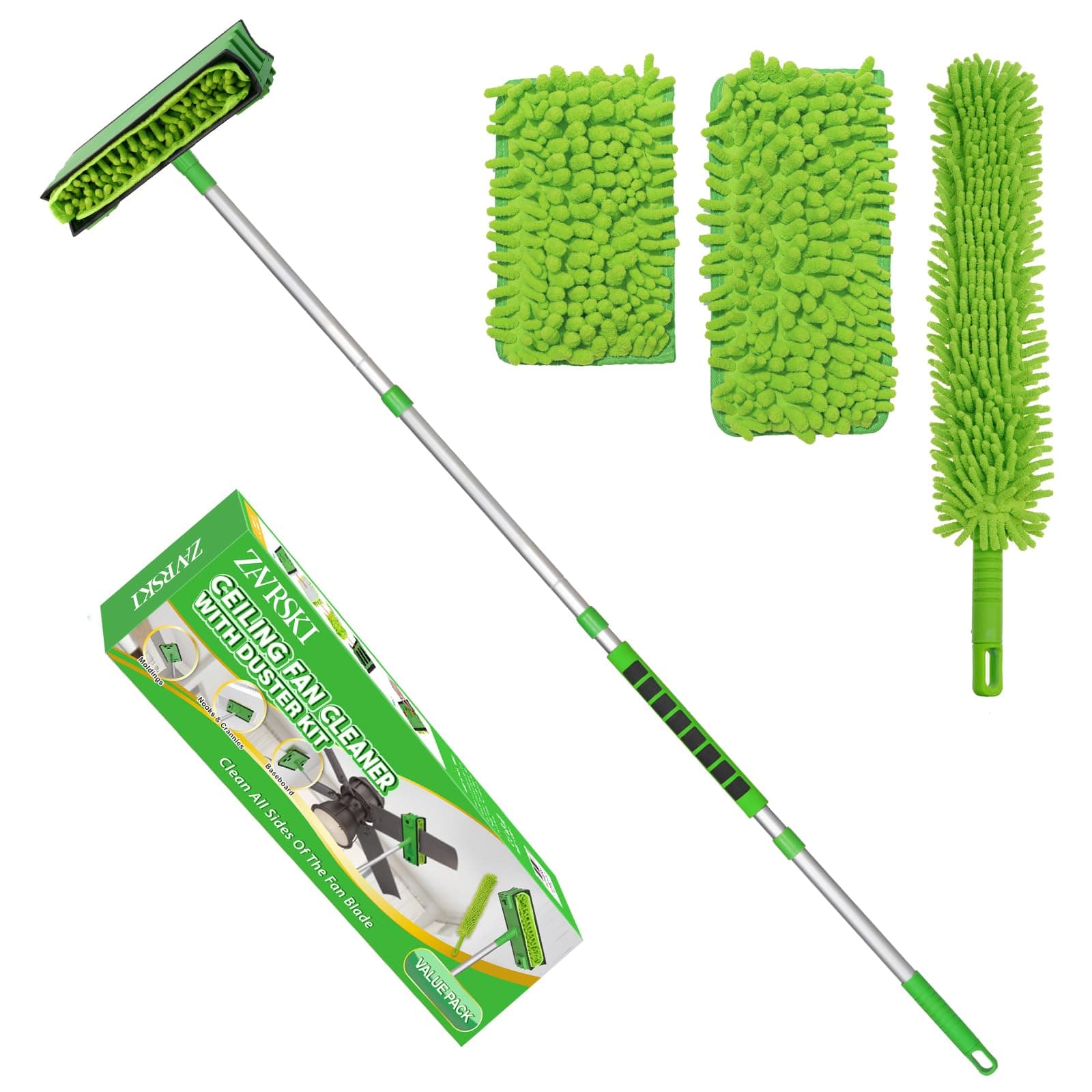 Ceiling Fan Cleaner Duster with 6 Ft/72'' Extension Pole High Ceiling Fan Blade Cleaning Tool Microfiber Duster Reusable Pads for Cleaning Ceiling Fan, Baseboard, Blind, Cobweb, Molding